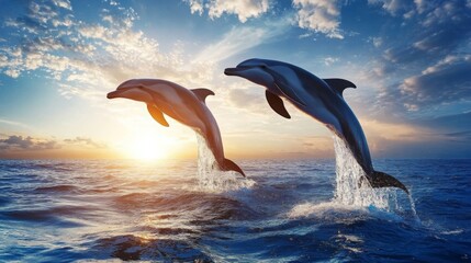 Obraz premium Dolphins leap gracefully at sunset over the ocean in a stunning display of nature's beauty
