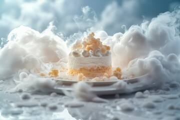 White whipped cream cake with golden crumbs and cloud-like steam rising around the plate.