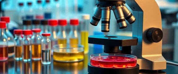 Microscope, petri dishes, lab equipment, vials, test tubes, medical research,  investigation, technology