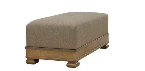 Rectangular ottoman with beige textured upholstery and a wooden base on white