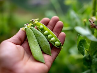 A hand holding opened pea pods showing green peas inside, freshly picked from a Western garden with blurred green background.