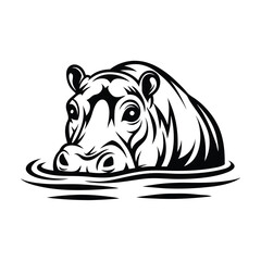 Hippo Head Black Silhouette in Water, Wildlife, African Animal, River, Monochrome Art