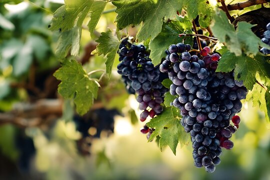 Clusters of ripe purple grapes hanging from vines in a Western-style vineyard with soft sunlight filtering through the leaves. - Powered by Adobe