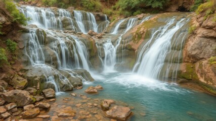 Obraz premium Serene turquoise waterfall cascades over mossy rocks into a tranquil pool in a lush green mountain valley.