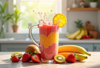 Fototapeta premium vibrant fruit smoothie blending clear glass pitcher fresh fruits lush colors, strawberry, banana, kiwi, mango, citrus, pineapple, juice, frozen, beverage