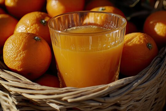 Fresh orange juice in a glass, surrounded by ripe oranges in a wicker basket  Close-up view of the drink and fruit