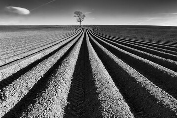 Black and white high contrast view of furrows in farmer's field with lone tree on horizon