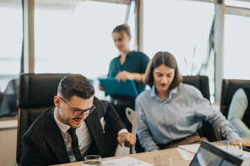 A diverse group of business people are engaged in a discussion around a conference table. The setting is modern and emphasizes teamwork and collaboration in a corporate environment.