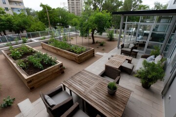 A captivating view of a beautifully designed outdoor space showcasing garden beds and comfortable seating areas, perfect for relaxation and enjoying nature's beauty.