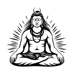 Hindu Deity Shiva Meditating in Lotus Position, Ornamented with Crescent Moon, Black and White