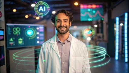 Smiling Researcher in Lab Coat Surrounded by AI Technology and Data Visualizations