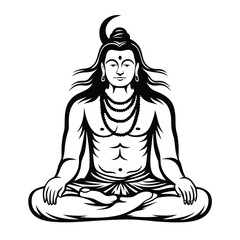 Black and White Silhouette of Lord Shiva Meditating in Lotus Position with Moon