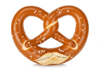 A single pretzel with salt isolated on a white background in close up studio shot for food photography