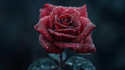 Close-up of a crimson rose, glistening with dew drops