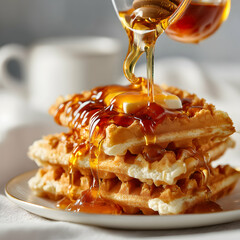 Golden Syrup Drizzled Over Buttery Waffles
