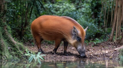 Fototapeta premium Red River Hog Drinking in Lush Rainforest Habitat