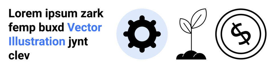 Gear symbolizing technology, plant signifying growth, and dollar sign for finance on clean background. Ideal for technology, sustainability, innovation, productivity, business, finance abstract line