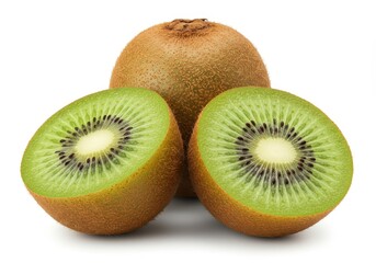Fototapeta premium A close up of three kiwis with one whole and two cut in half on a white background studio shot