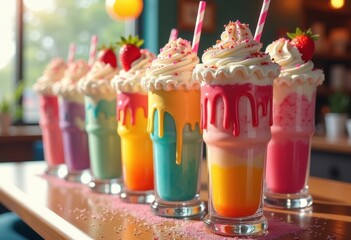 vibrant milkshake creations artistic variations served colorful glasses dessert extravaganza, beverage, cream, topping, fruit, sundae, drink, sweet