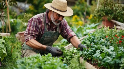 Senior gardener tending to flourishing vegetables in his garden plot