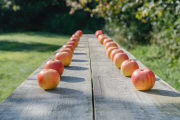 Fresh apples arranged in rows on a weathered wooden table outdoors  Blurred background of green grass and trees