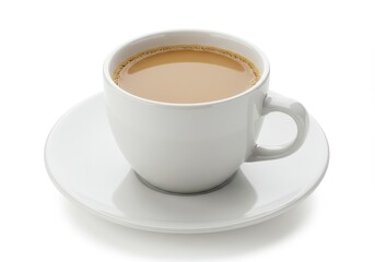 A simple white cup filled with a beige liquid sitting on a matching white saucer on a white background