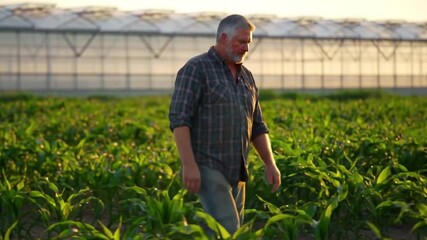 A seasoned Caucasian man in casual work attire walks thoughtfully through a cornfield, Silhouetted against a sunset sky, greenhouses and a modern irrigation system