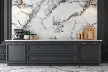 Modern kitchen with a marble backsplash and dark gray cabinets  Detailed counter space with appliances and utensils