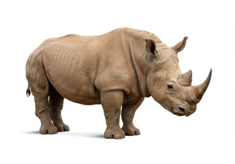 A rhinoceros standing isolated on a white background in a full shot studio photograph image view
