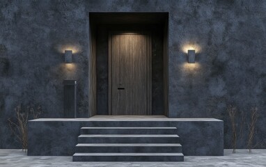Fototapeta premium Modern Dark House Facade with Wooden Door and Steps
