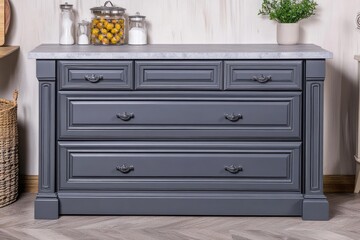 Gray wooden cabinet with marble countertop in a kitchen  Five drawers, decorative molding, and classic design  Small jars of preserved lemons on the countertop  Natural light, warm tones