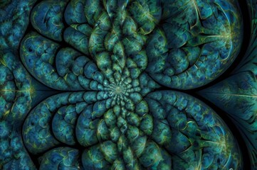 abstract fractal, two dimensions image, central symmetry, hypnotic pattern, green and blue colors