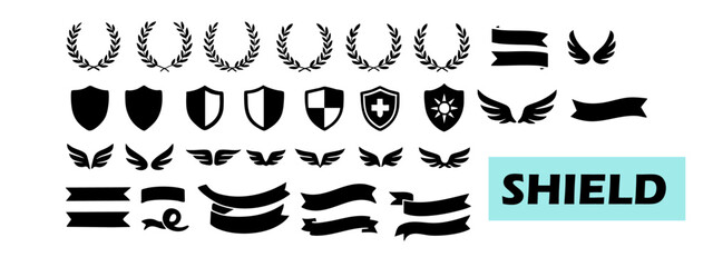 Shield, Band, and Leaf Vector Illustration Set – Vector Symbol Illustration