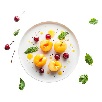 Small, ripe Assange peaches, a plate of yellow peaches with cherry and mint leaves