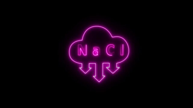 Glowing neon Sodium chloride chemical structure with cloud icon animation.