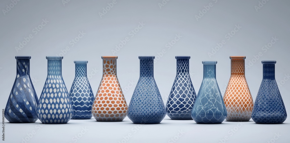 Poster vibrant glass containers used in labs are organized neatly in front of a scientific backdrop featuri