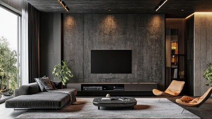 Modern living room with sleek furniture and greenery