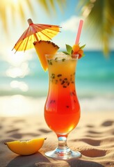 vibrant tropical cocktail island umbrella refreshing beverage exotic colors drink garnish chill vibe, input, colorful, fruit, liquid, sunset, glass, party
