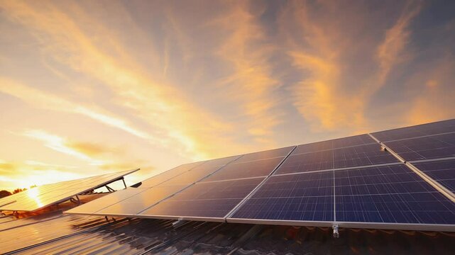 Solar panels on rooftop during sunset with colorful sky
