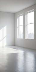Fototapeta premium Spacious, sunlit room featuring expansive floor-to-ceiling windows that offer a breathtaking view of the bustling city skyline, creating an airy atmosphere.