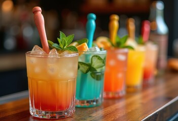 handcrafted wooden drink stirrers colorful cocktails refreshing beverage garnish artisan design, vibrant, sauce, sipping, barware, ice, glass, serve, liquid