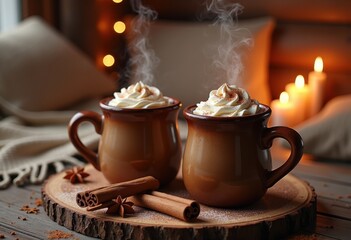 hearty mugs spiced cocoa relaxing rustic wooden table steaming rich beverage warm ambience, hot, chocolate, drink, ceramic, cozy, flavor, design, drinkware