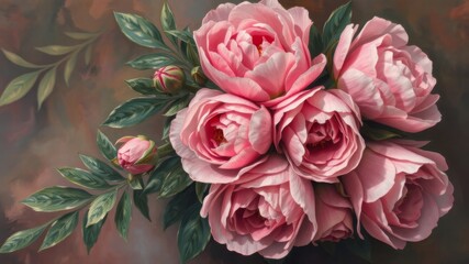 Fototapeta premium A stunning close-up photograph showcases a vibrant bouquet of delicate pink peonies with lush green leaves artistically arranged.