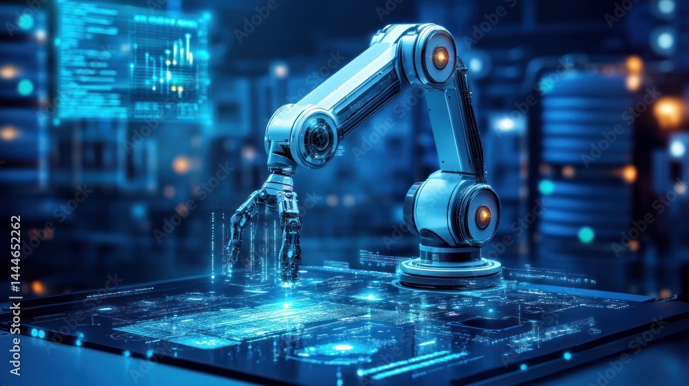 Poster robotic arm manipulating circuit board in a futuristic factory