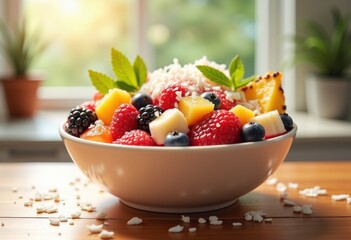 vibrant tropical smoothie bowl fresh exotic fruit toppings delicious tropical flavor bowl garnished coconut banana berry pineapple, kiwi, mango, dragonfruit