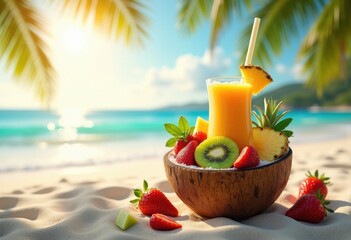 vibrant tropical smoothie coconut shell refreshing drink colorful fruits healthy lifestyle exotic flair, banana, mango, papaya, kiwi, nature, juicy
