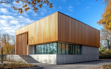 Fototapeta premium Modern Building with Wood and Concrete Exterior