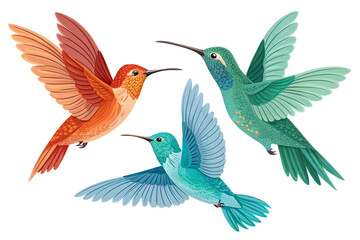 Fototapeta premium Vibrant Digital Illustration of Three Hummingbirds in Mid-Flight – Colorful and Dynamic