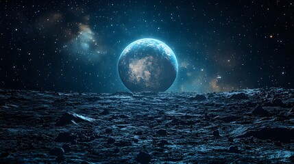 An alien planet in the depths of space water waves over the moon  beautiful space ,Beautiful moon with storm sky and planets.

