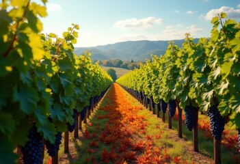 Naklejka premium vibrant vineyard grapes lush foliage colorful nature outdoor landscape wine agriculture, fruit, leaf, harvest, scenery, sunset, cluster, field, orchard